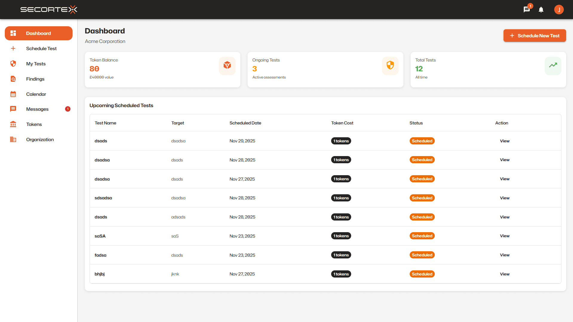 Secortex platform dashboard